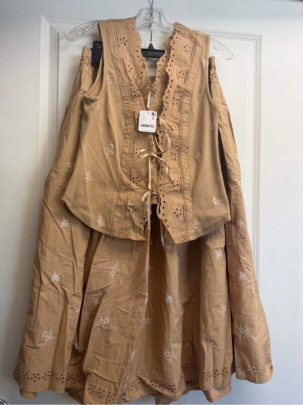 Free People Gesibelle Tan Embroidered Maxi Skirt and Matching Vest Set